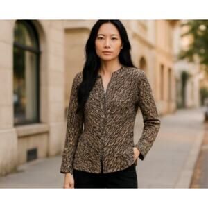 Reba Jacket Womens Large Brown Black Animal Cheetah Pleated Zip Up Textured Boho